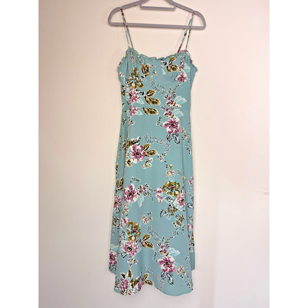 Speechless Aqua Floral Midi Dress with Pink & Olive Accents